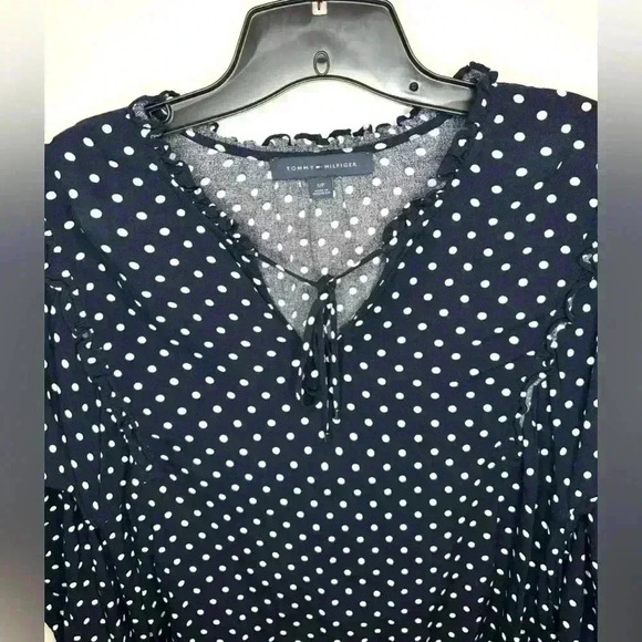 Tommy Hilfiger Womens Polkadot Navy/White Ruffle Blouse Size Small - Picture 4 of 11